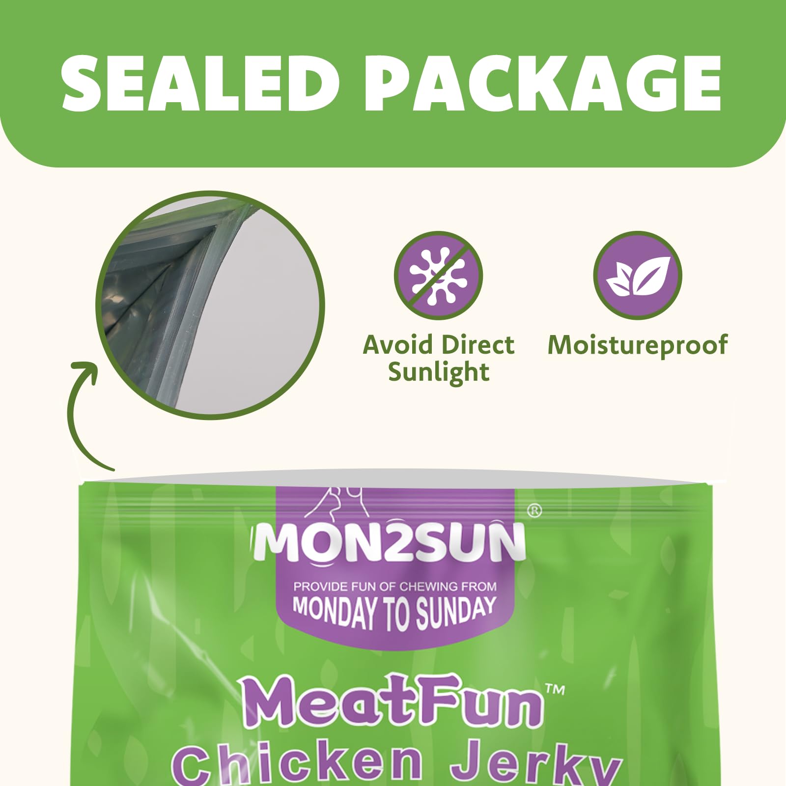 MON2SUN chicken breast jerky shown in its sealed packaging bag.