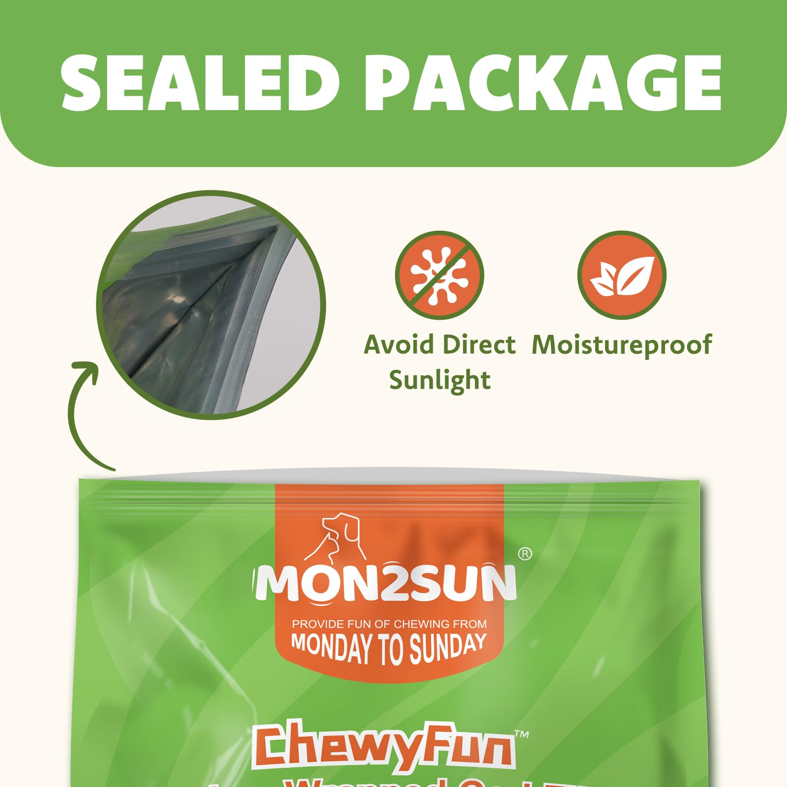 MON2SUN chicken-wrapped cod dog treat showing its outer texture.