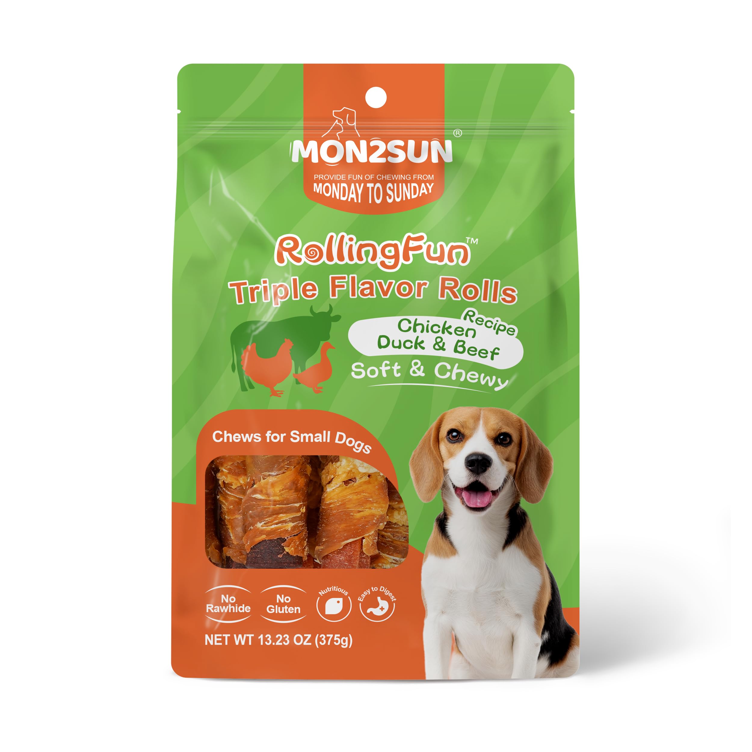 MON2SUN dog treat rolls shown as a small-breed treat.