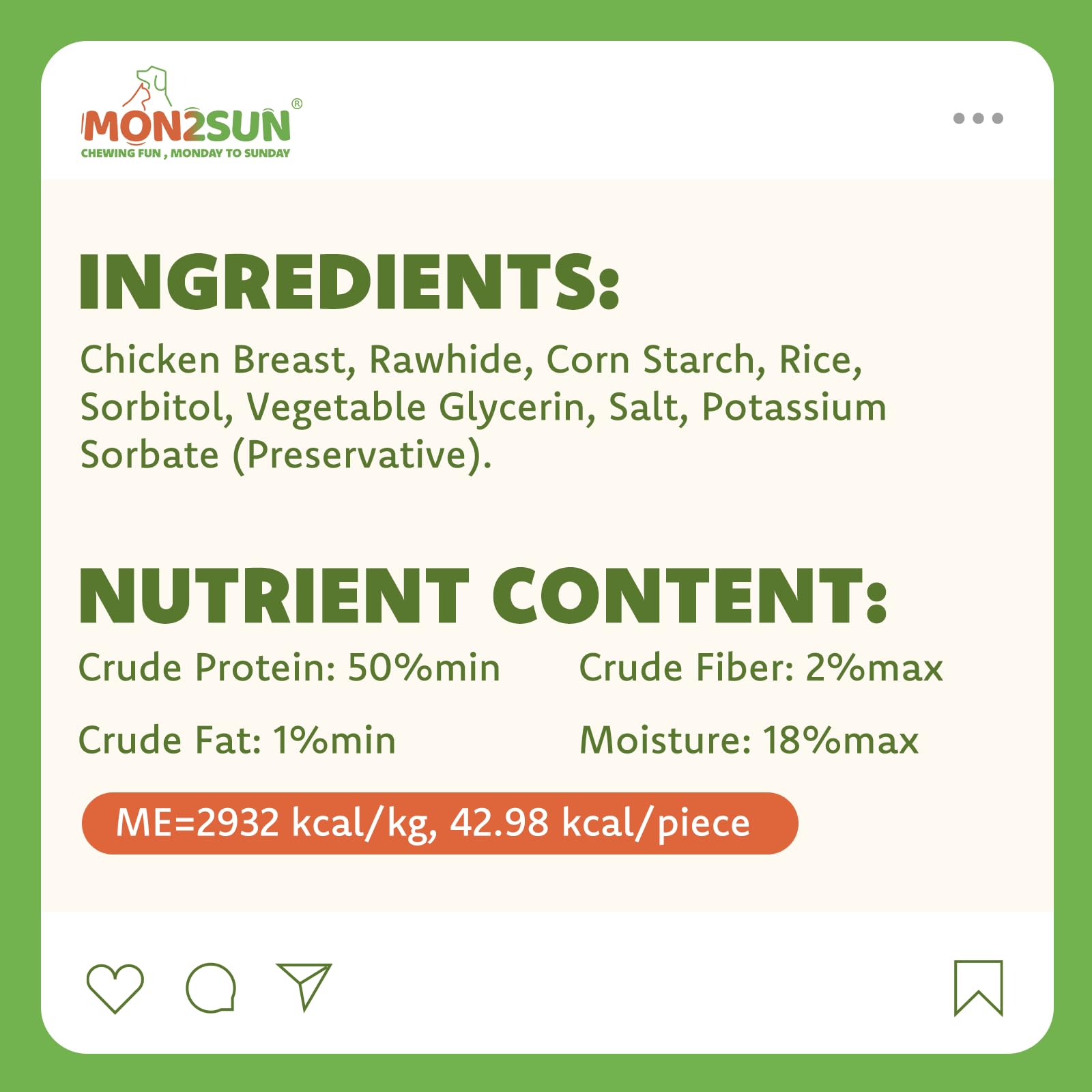 MON2SUN dog treats featuring chicken and brown rice ingredients.
