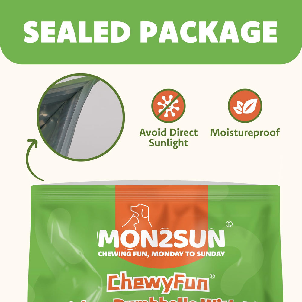 MON2SUN dog treats shown as pouch contents.