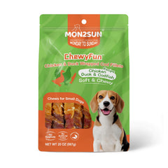 MON2SUN dog treats shown with the resealable pouch open.