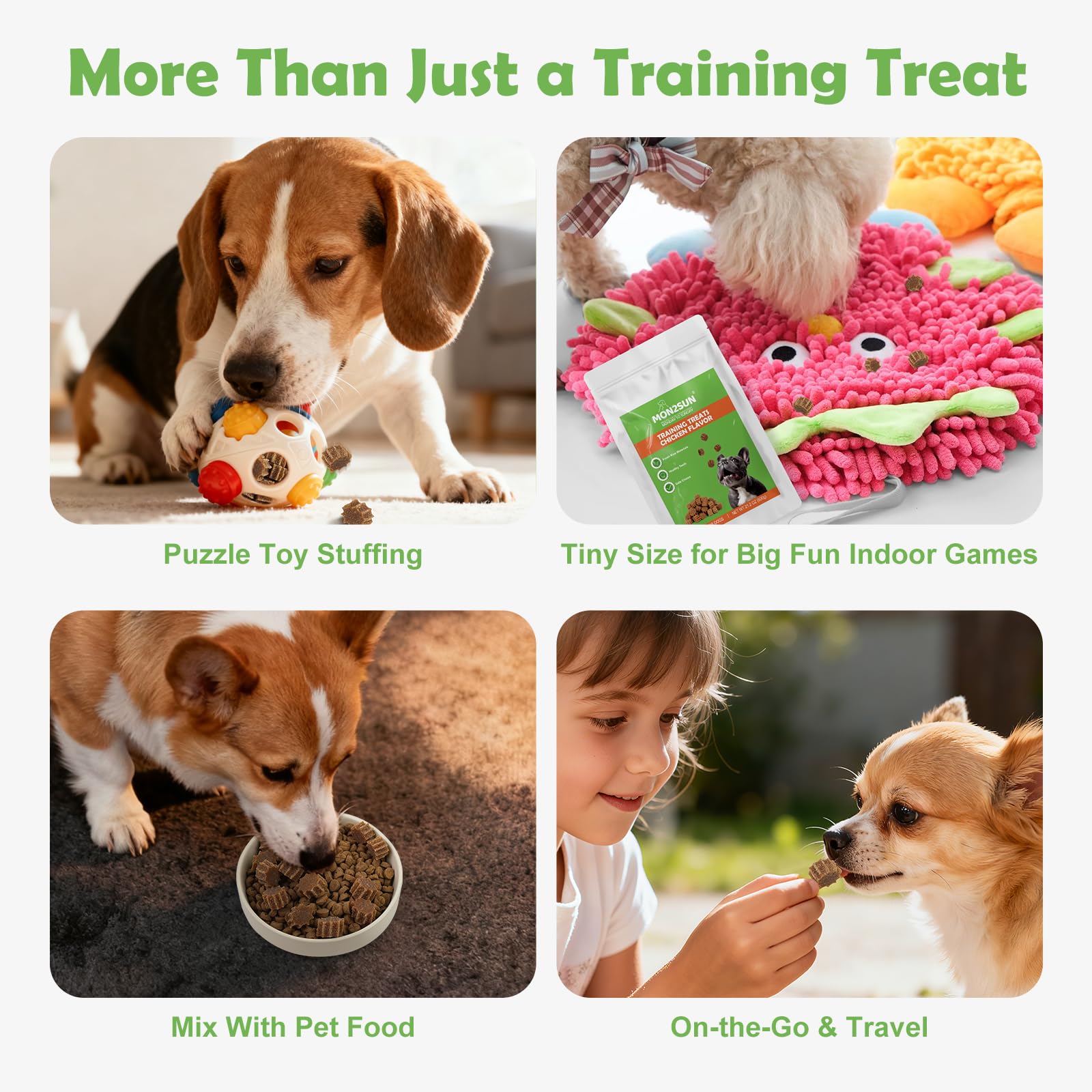 MON2SUN dog treats shown for use in an indoor scent game.