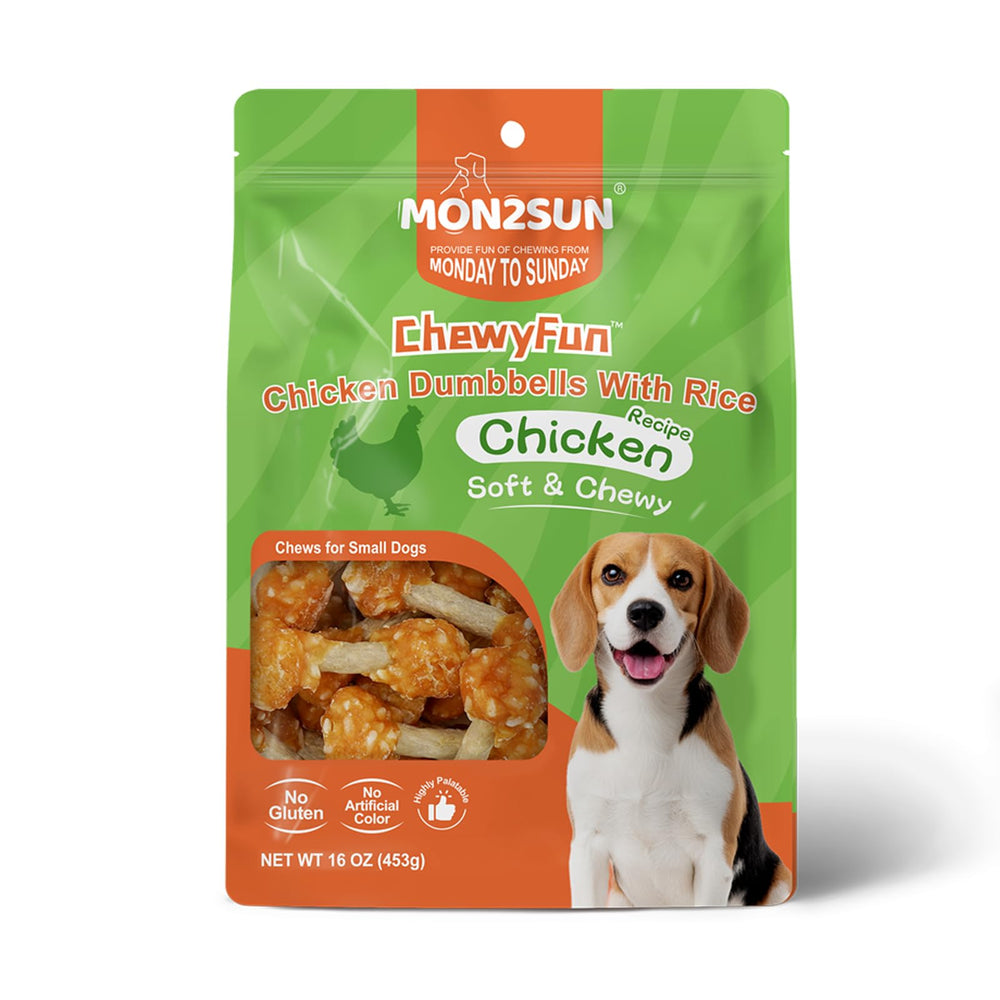 MON2SUN dog treats offered as a reward to a small dog.
