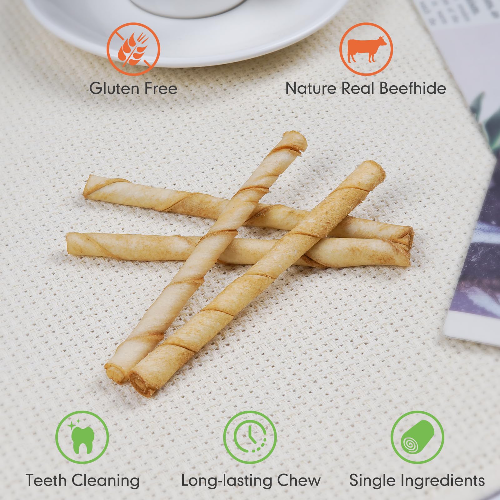 Close-up view of the twisted rawhide texture on MON2SUN twist sticks.