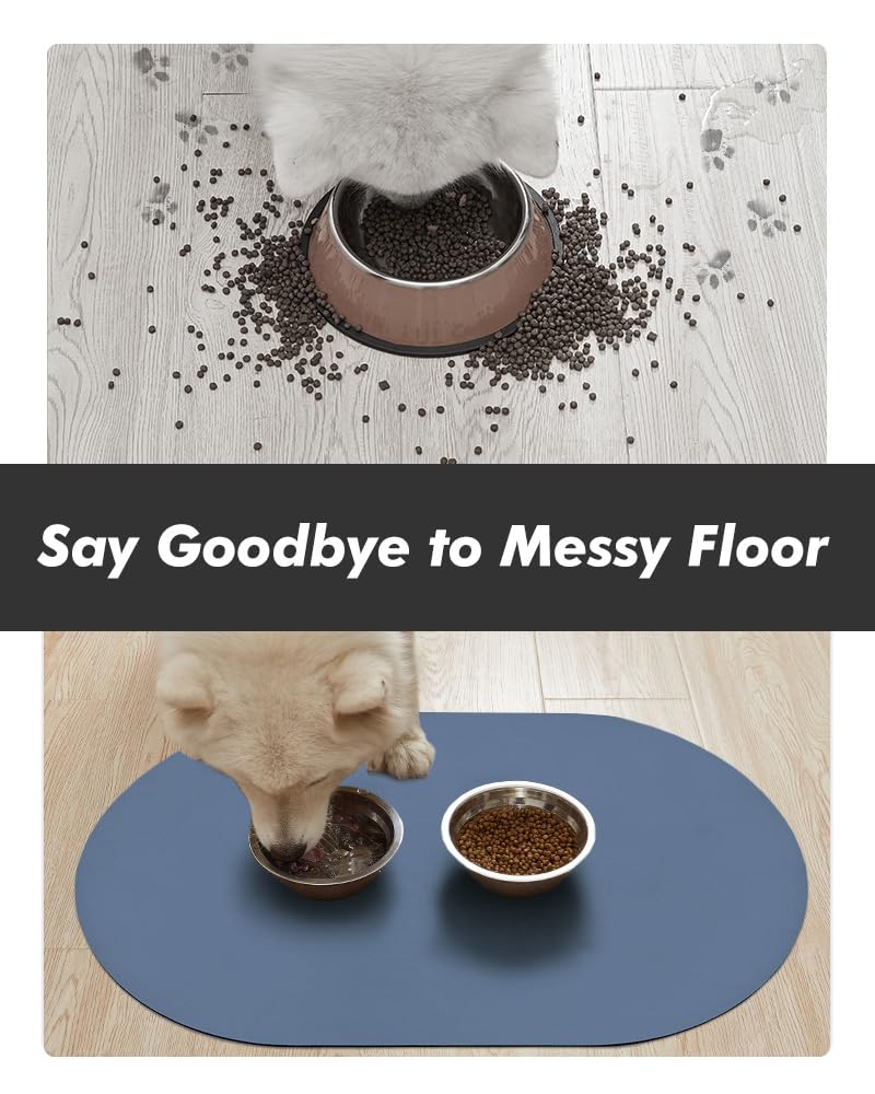 MontVoo dog food mat placed beneath pet food and water bowls.