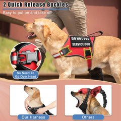 MOOGROU service dog vest harness showing the quick-release neck and chest buckles.