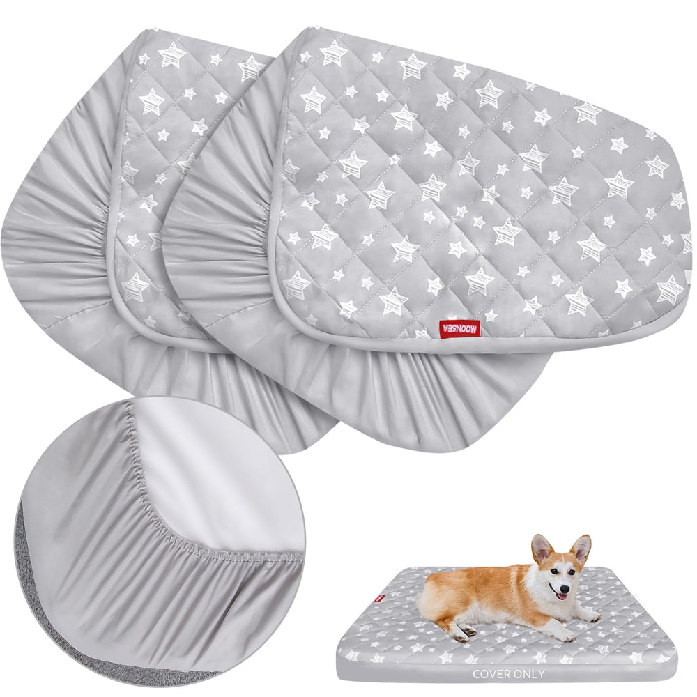 Moonsea dog bed covers shown from the front with their light grey star print.