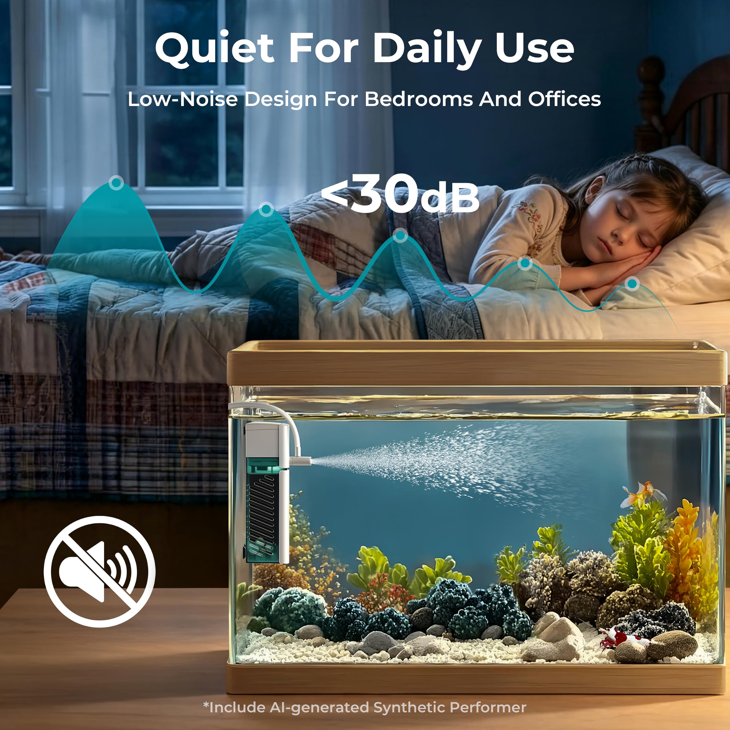 Morenynn small aquarium filter operating in aeration mode.