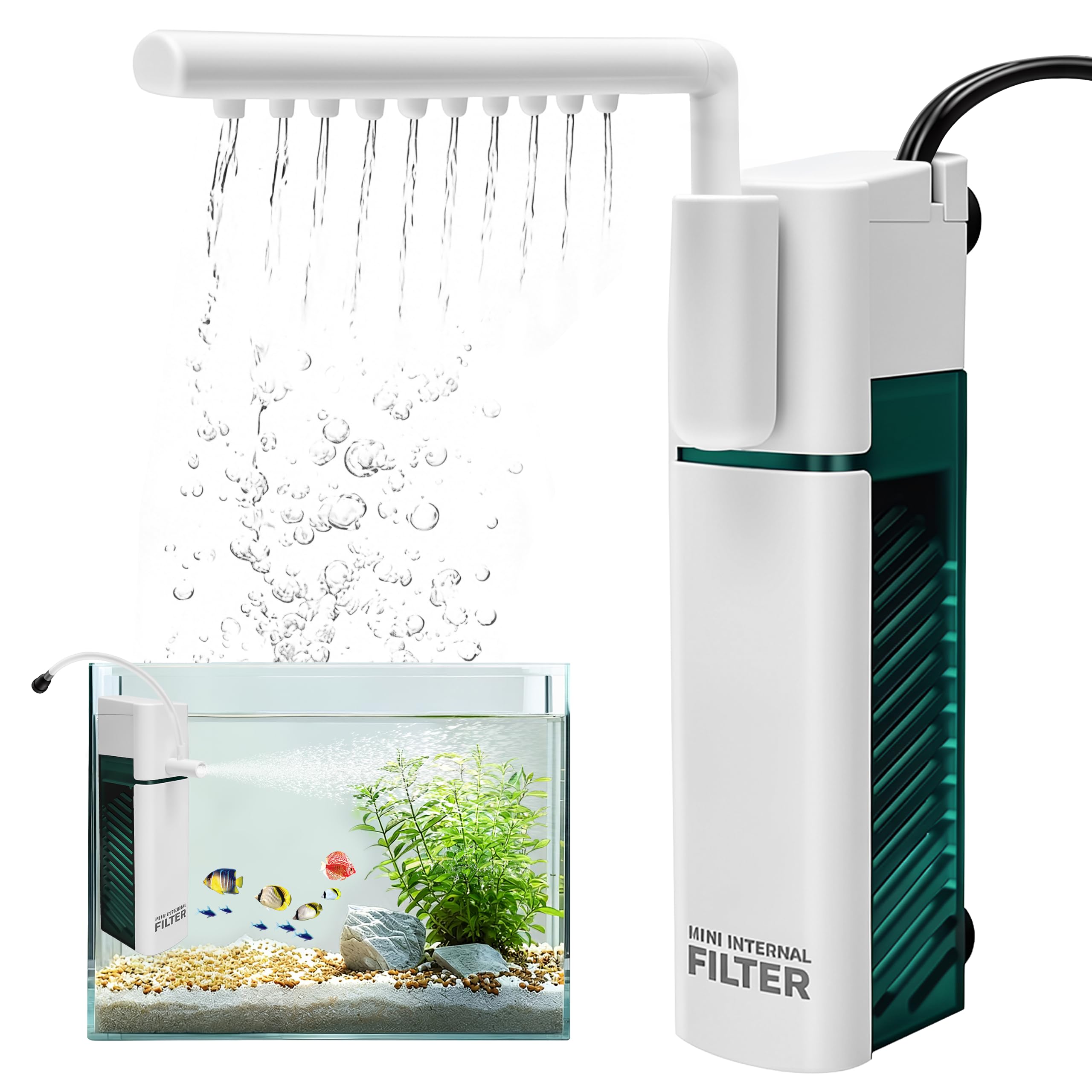 Morenynn small aquarium filter submerged inside a fish tank.