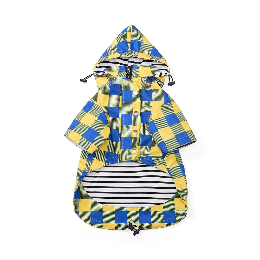 Morezi dog raincoat shown from the front in yellow, with a hood and leg coverage.