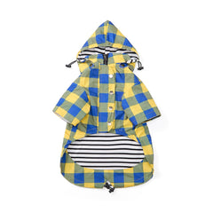 Morezi dog raincoat shown from the front in yellow, with a hood and leg coverage.