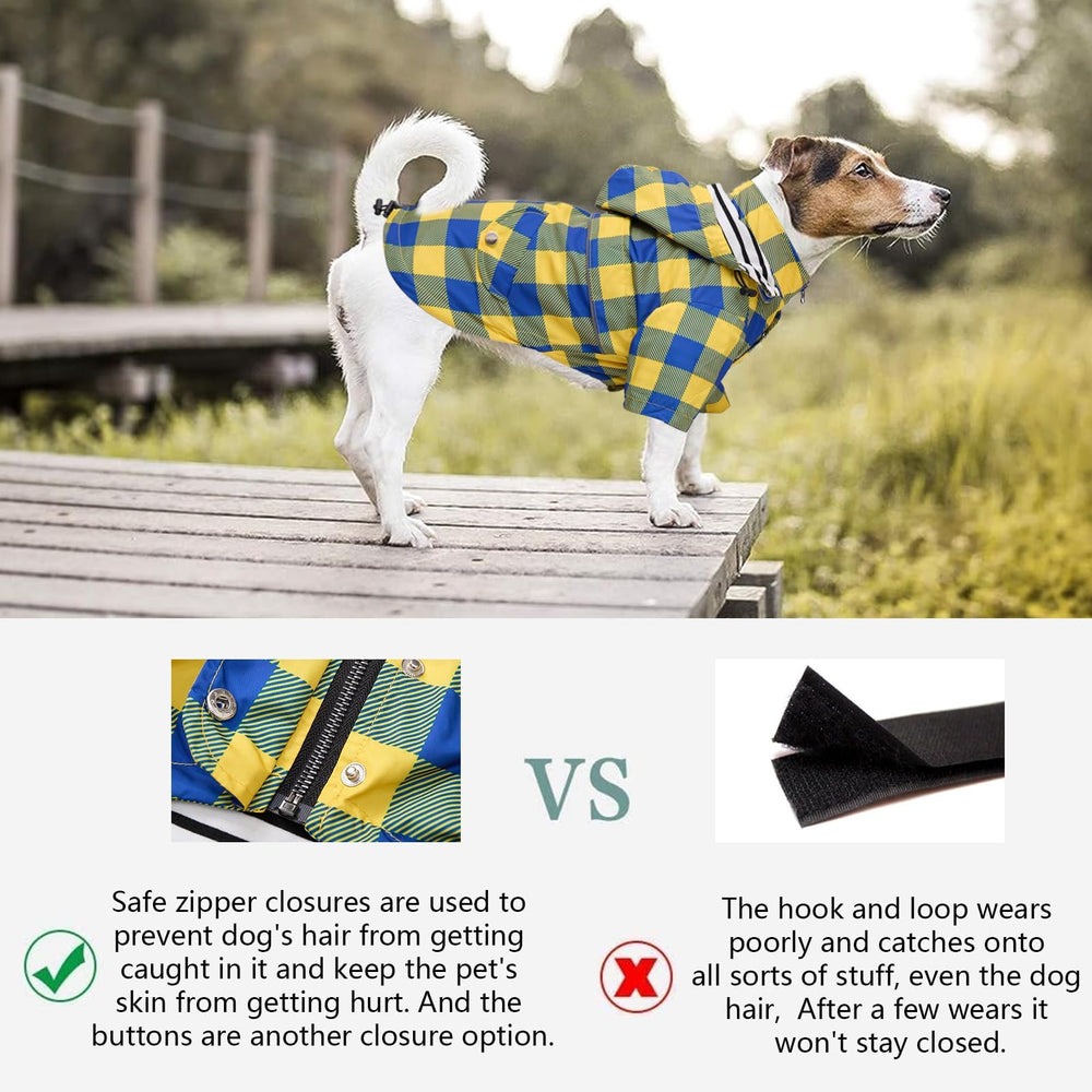 Morezi dog raincoat upper-back opening for harness use shown up close.