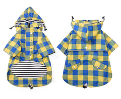 Morezi dog raincoat sleeves rolled up to show the striped detail.