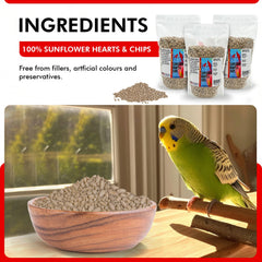 Morning Bird Sunflower Hearts & Chips being offered at a bird feeder.