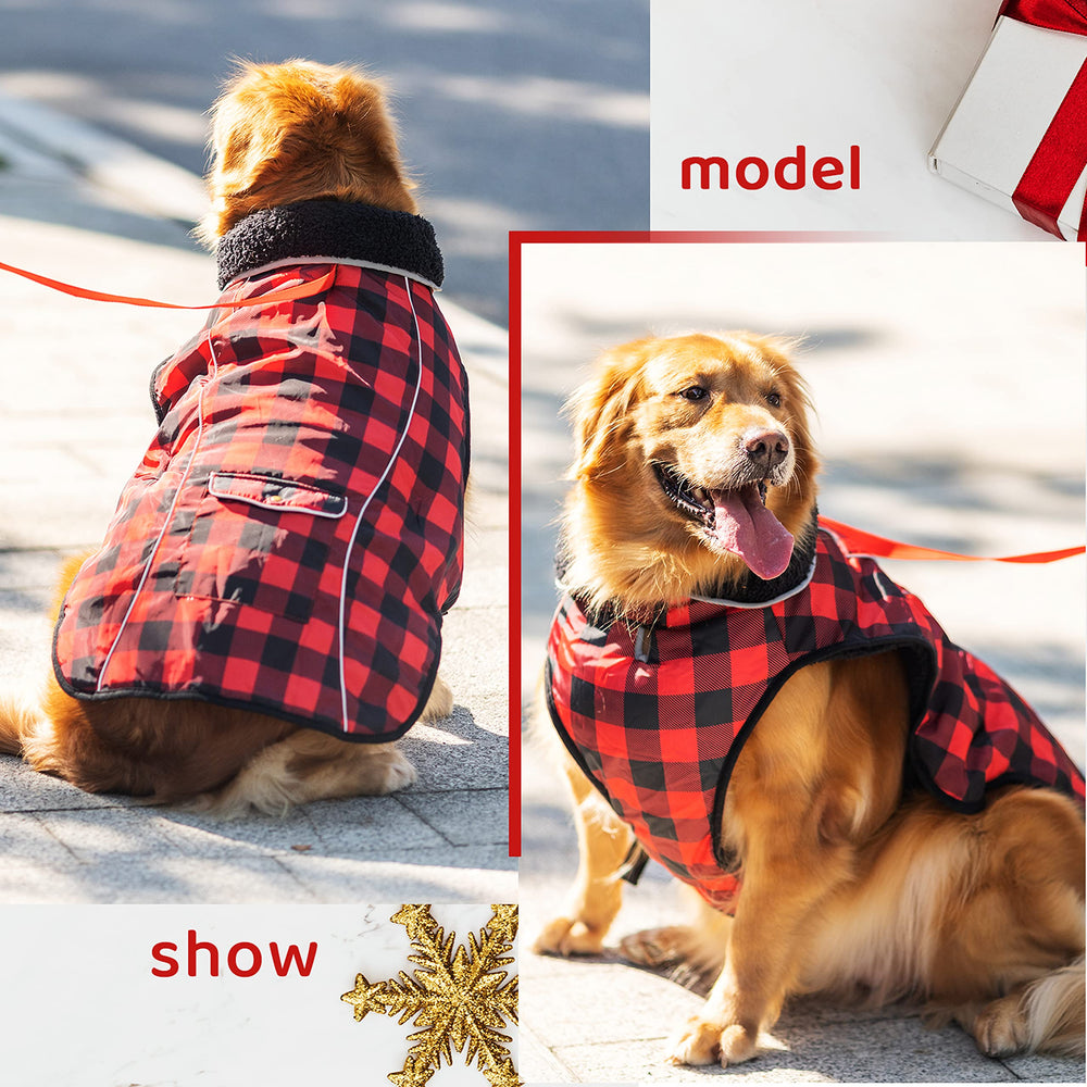 MOTZABO dog winter coat leash opening shown on the back.