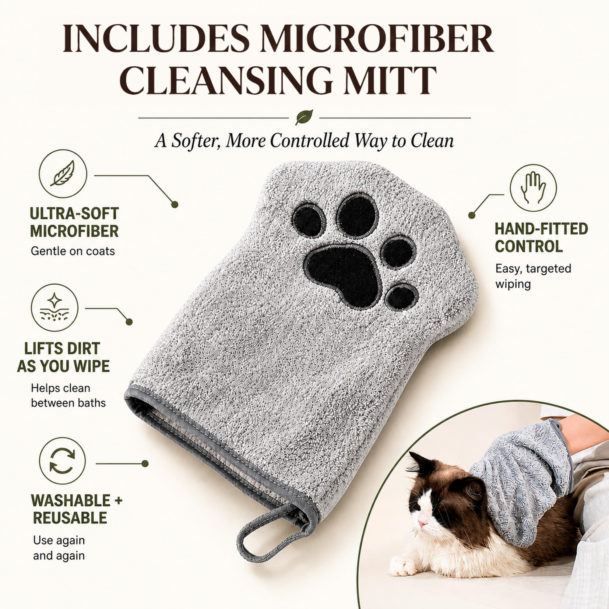 Muddi Pet waterless cat shampoo formula featuring its botanical ingredients.