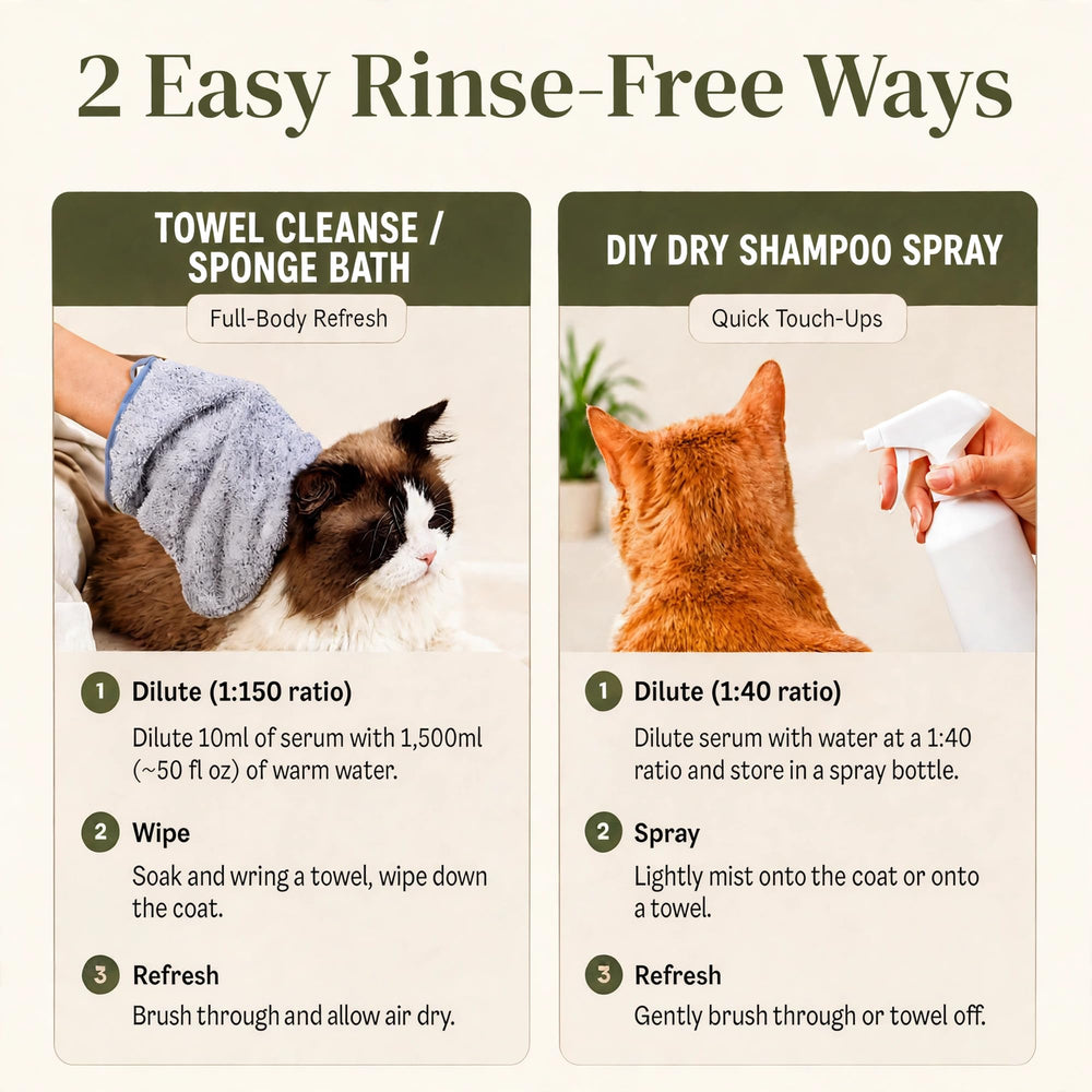 Muddi Pet waterless cat shampoo used as the cat’s coat is brushed.