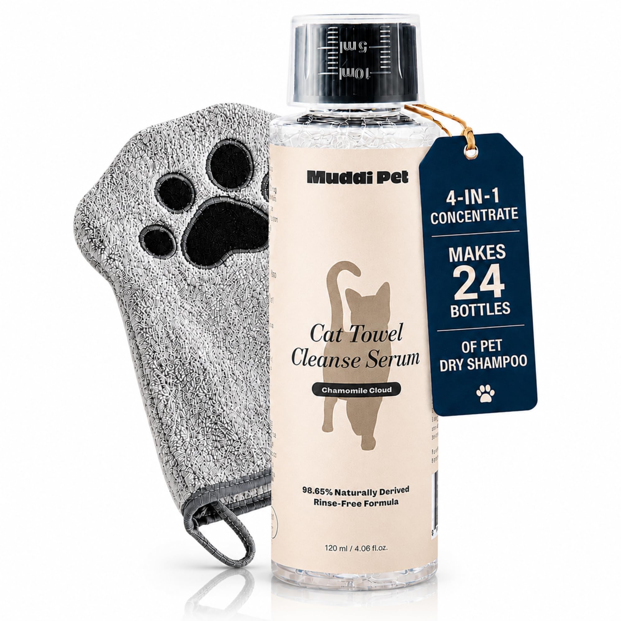 Muddi Pet waterless cat shampoo concentrate bottle shown from the front.