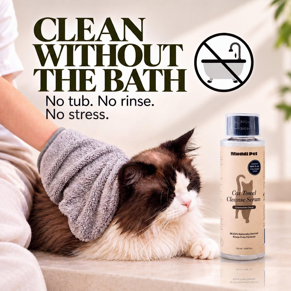 Muddi Pet waterless cat shampoo concentrate label shown in close-up.