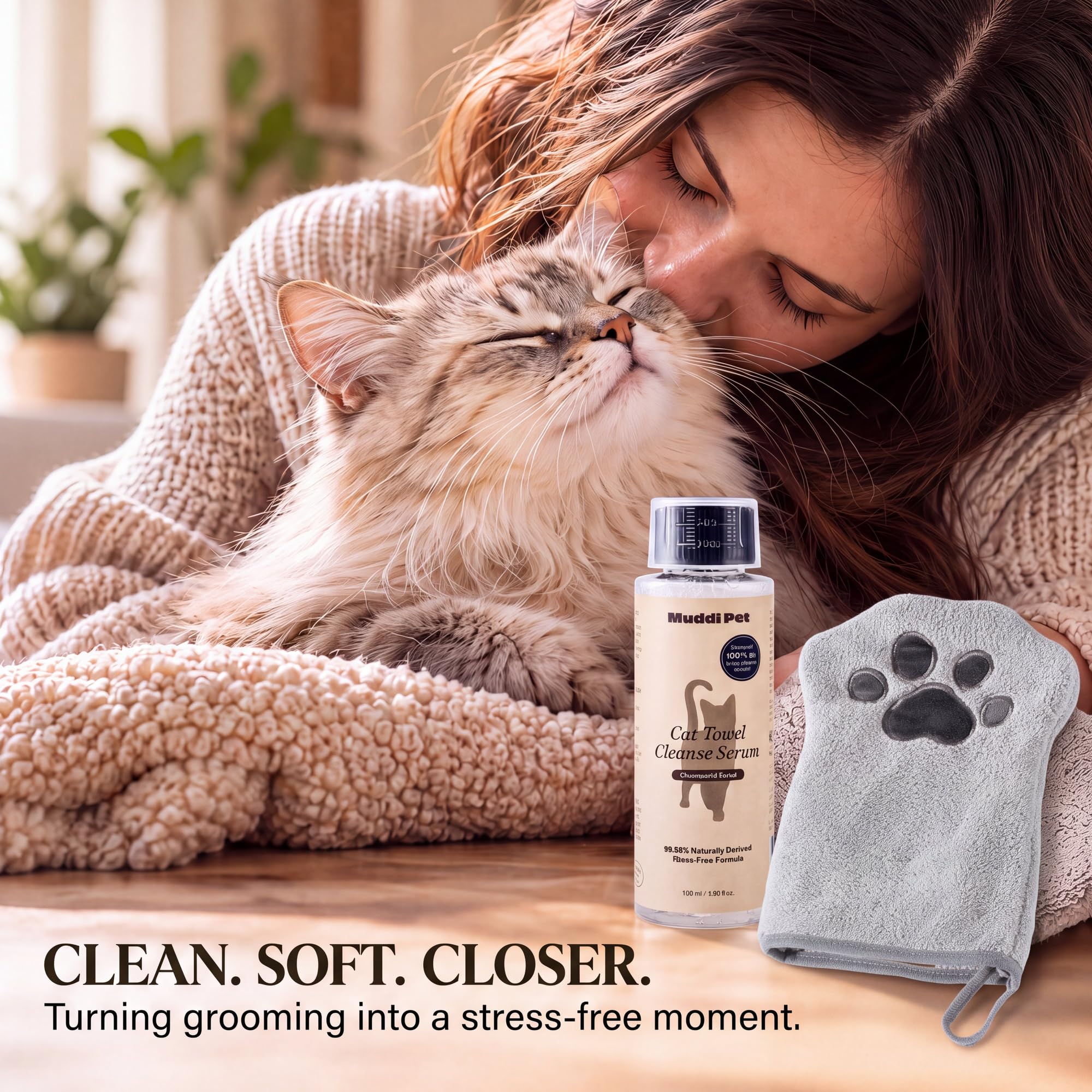 Muddi Pet waterless cat shampoo concentrate and included grooming mitt shown together.