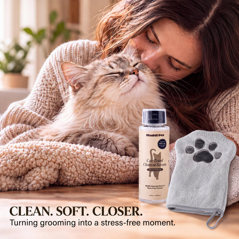 Muddi Pet waterless cat shampoo concentrate and included grooming mitt shown together.
