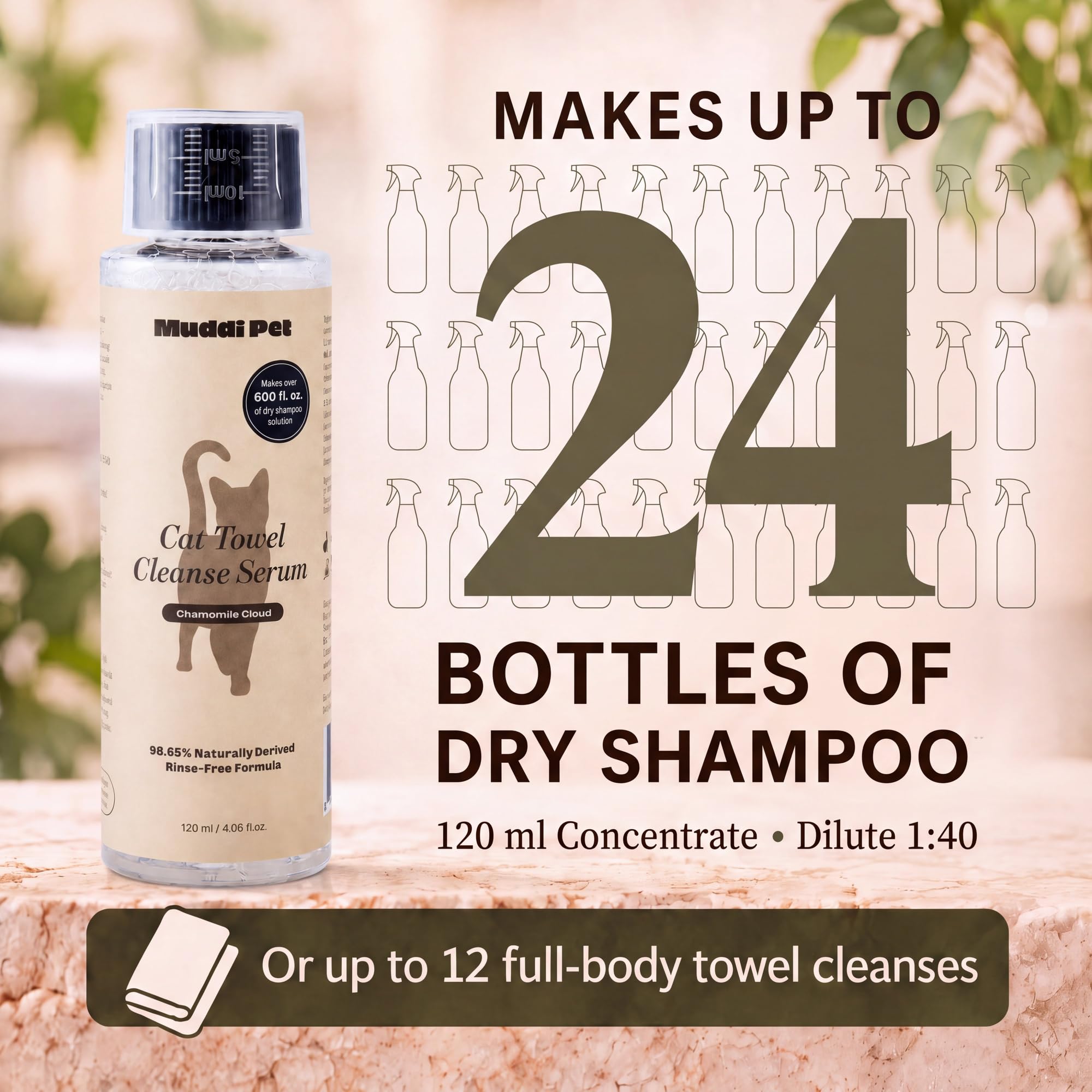 Muddi Pet waterless cat shampoo applied during a towel cleanse for a cat.
