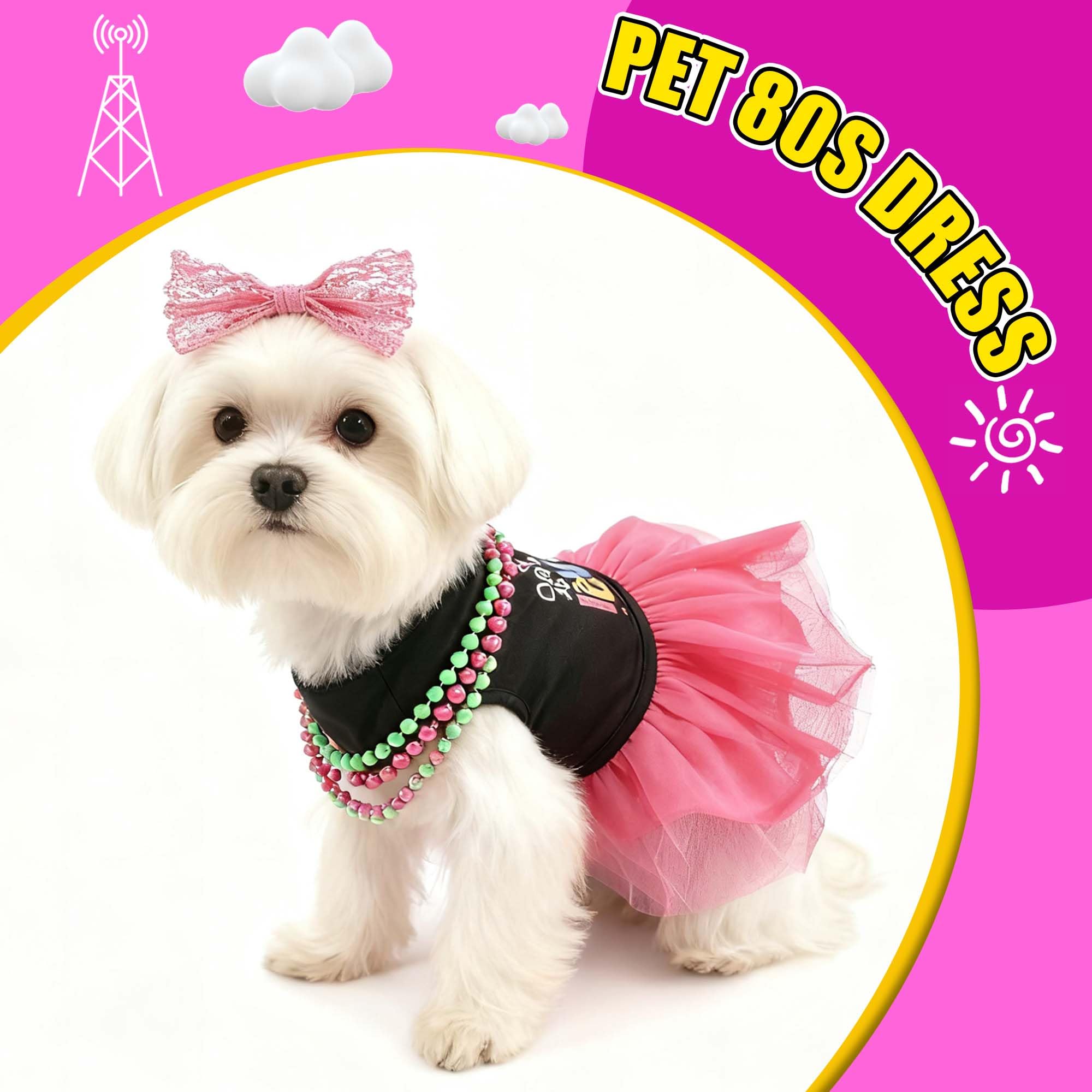 MuYaoPet 1980s dog dress set with its pink lace headband and bead necklace.