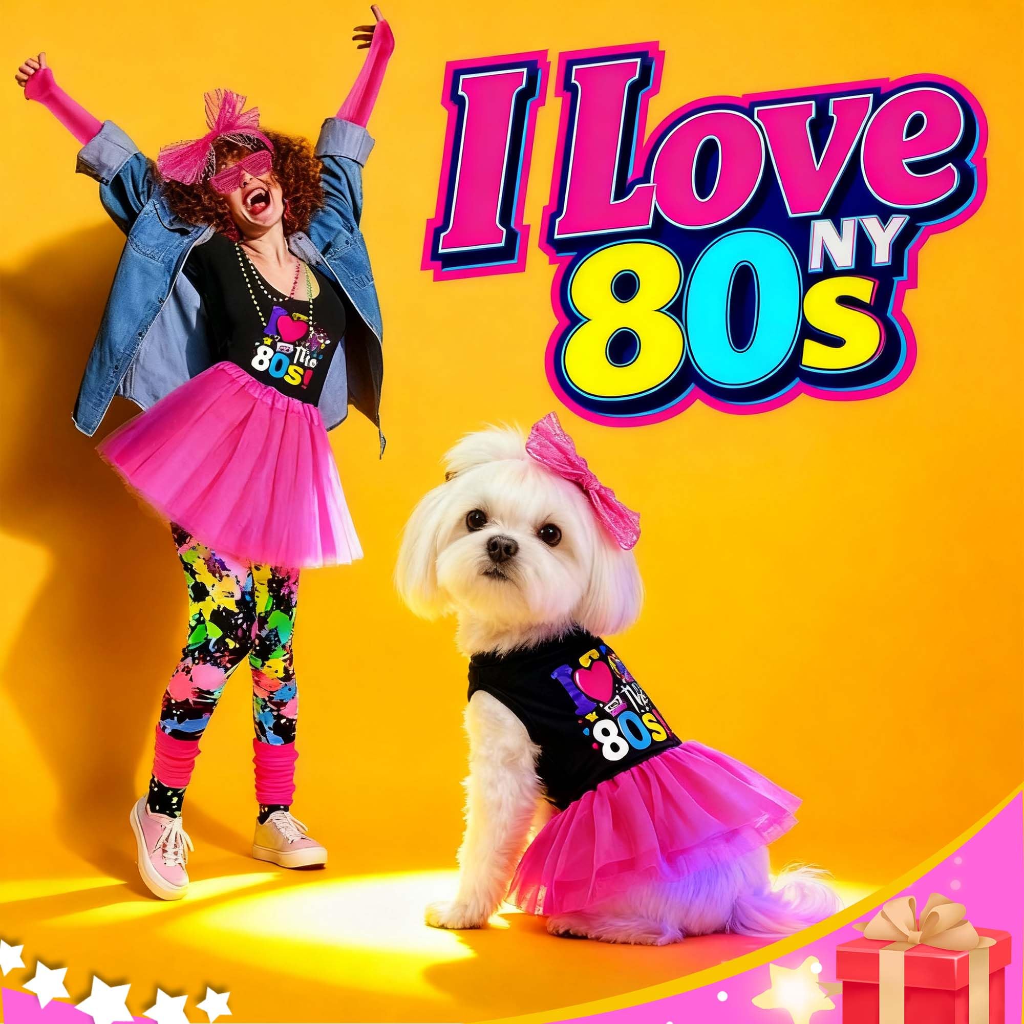 MuYaoPet 1980s dog dress with a close view of the “I love 80s” print.