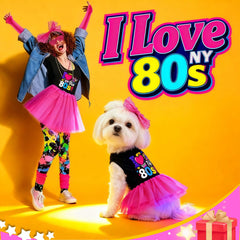 MuYaoPet 1980s dog dress with a close view of the “I love 80s” print.