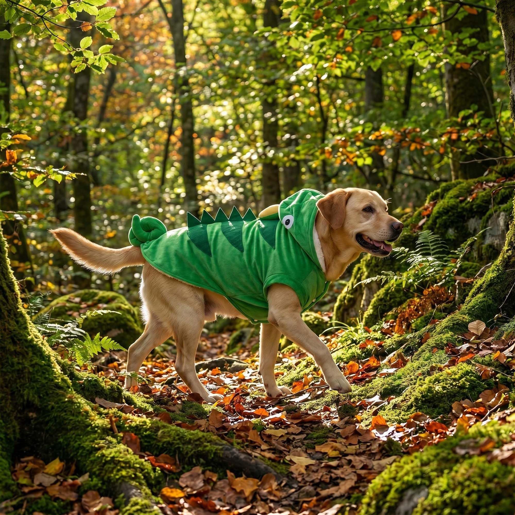 MuYaoPet chameleon dog costume with its curled spiral tail.
