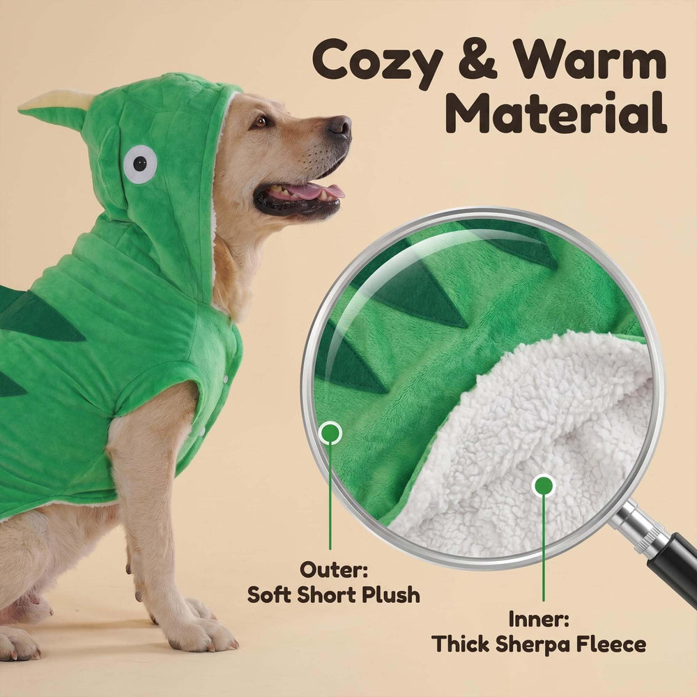 MuYaoPet chameleon dog costume showing the thick fleece inner lining.