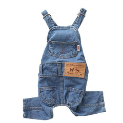 MuYaoPet dog denim overalls shown from the front.