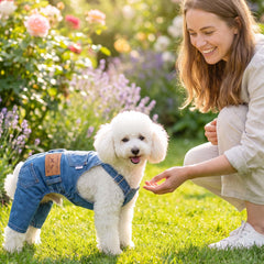 MuYaoPet Dog Denim Overalls showing the open-crotch design.