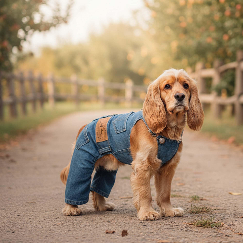 MuYaoPet dog denim overalls shown from a side angle.
