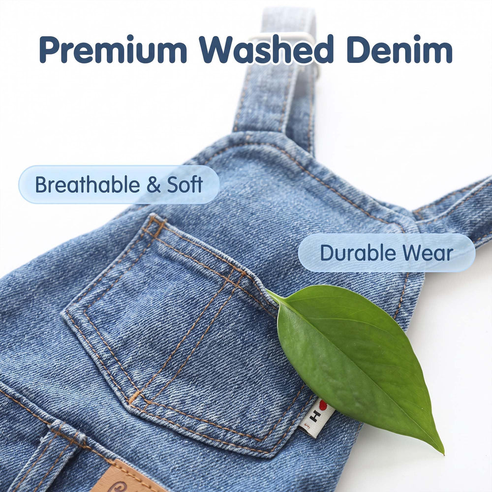 MuYaoPet dog denim overalls with three jean-style pockets.
