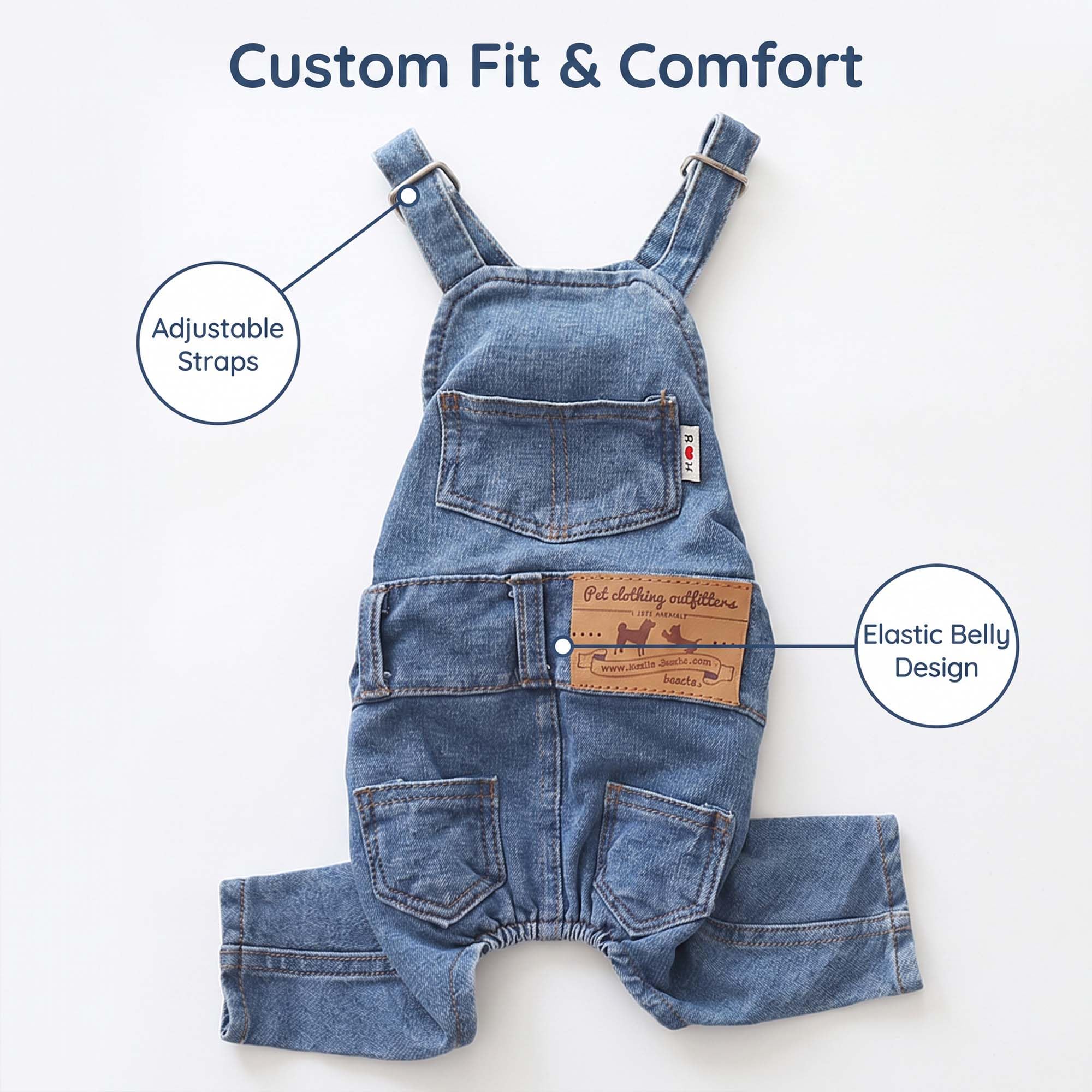 MuYaoPet dog denim overalls shown worn by a dog.