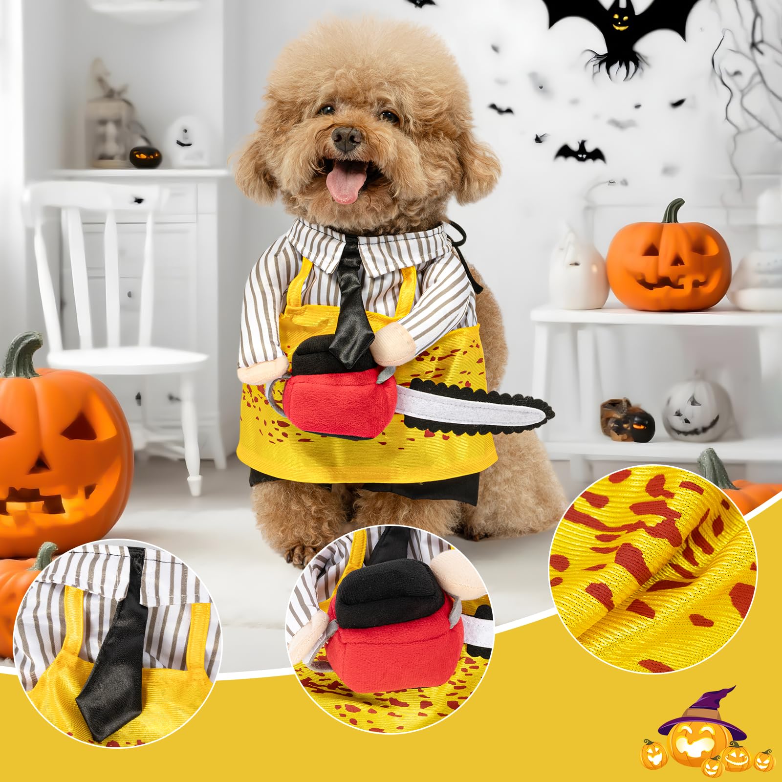 NACOCO Halloween Dog Chainsaw Costume apron featuring its bloodstain print.