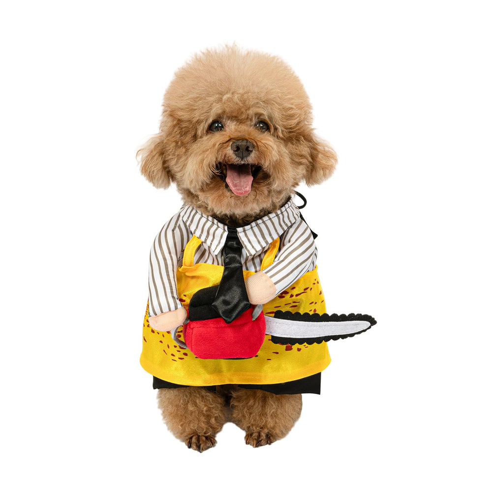 NACOCO Halloween Dog Chainsaw Costume shown from the front in yellow.