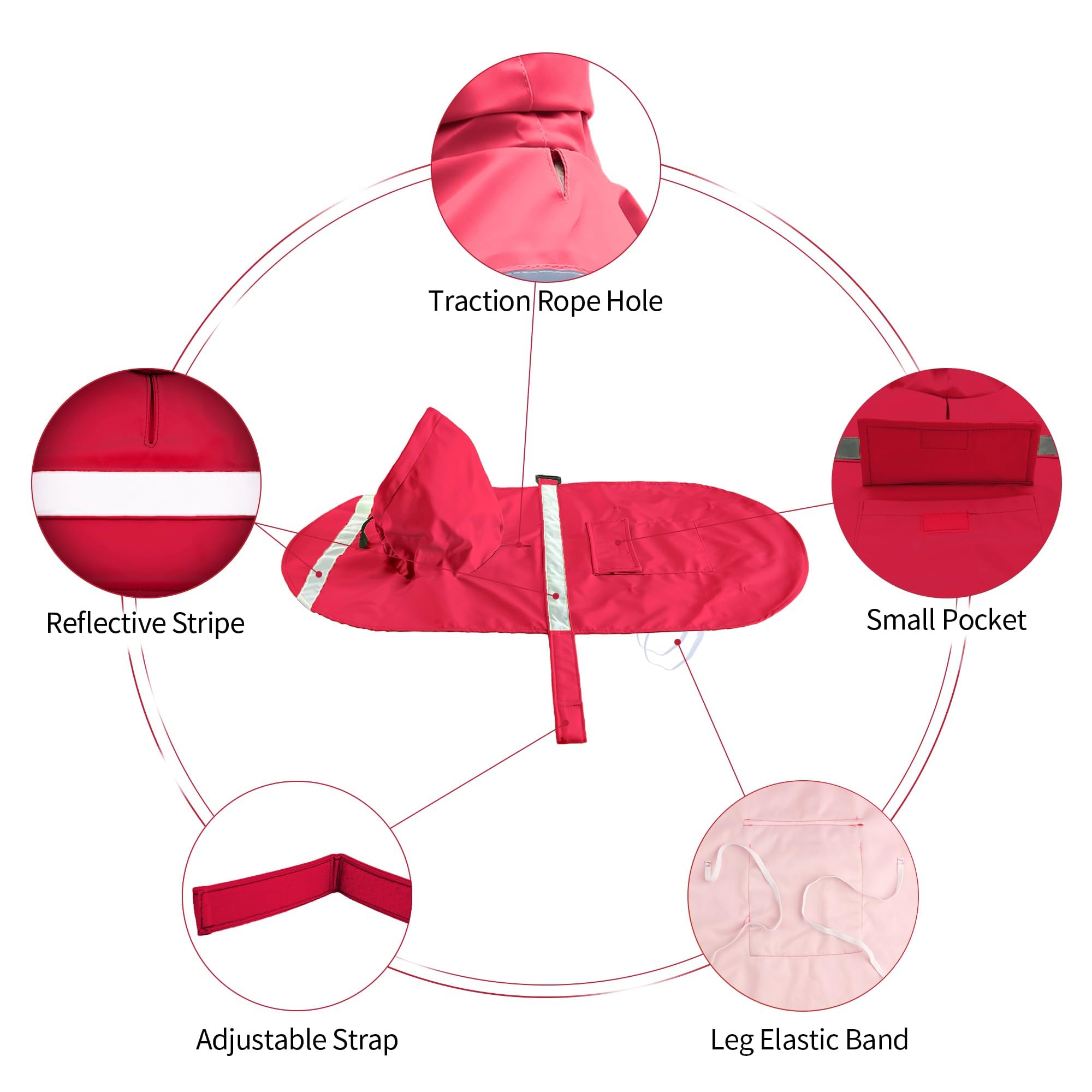 NACOCO dog raincoat detail showing its adjustable belly strap and elastic leg straps.