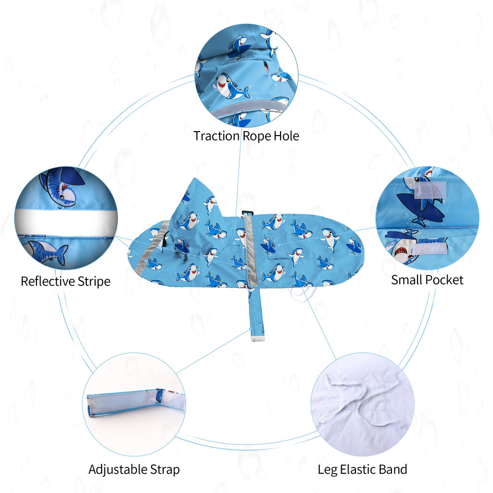 NACOCO dog raincoat detail showing the adjustable belly and elastic leg straps.
