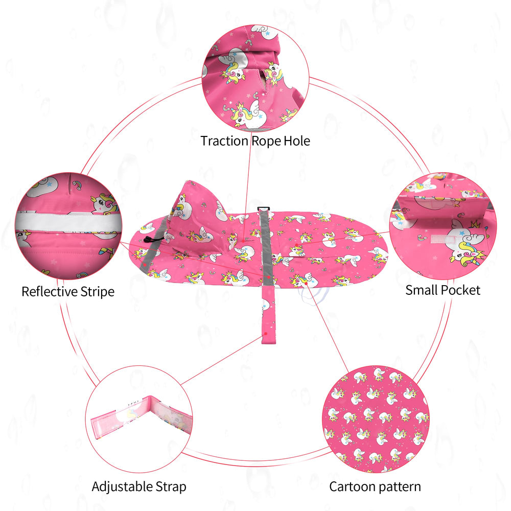 NACOCO dog raincoat detail showing the adjustable belly strap and elastic leg straps.