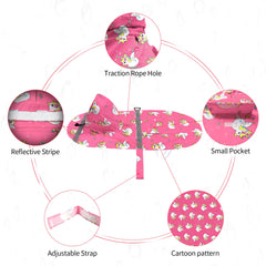 NACOCO dog raincoat detail showing the adjustable belly strap and elastic leg straps.