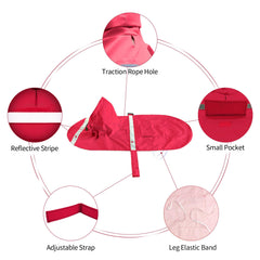 NACOCO dog raincoat detail showing its adjustable belly strap and elastic leg straps.