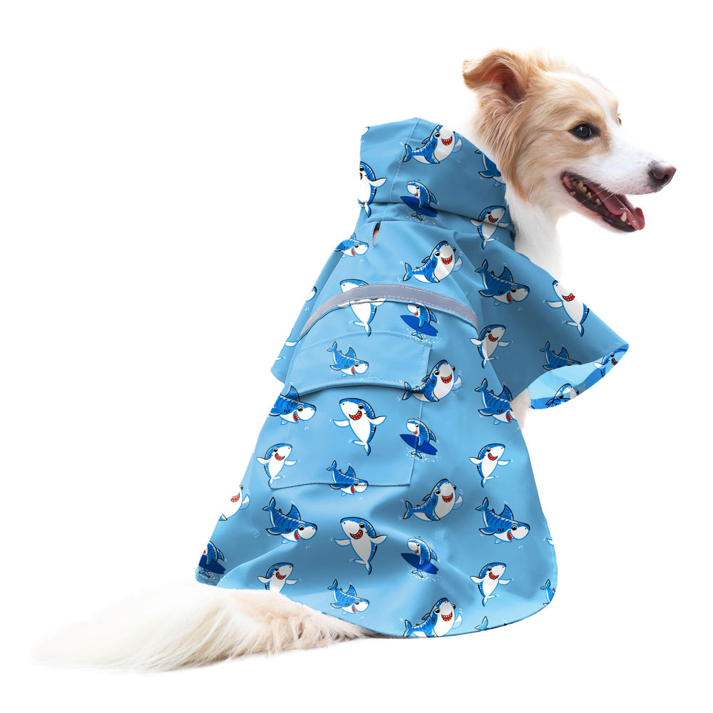 NACOCO dog raincoat shown from the front in the blue shark design.