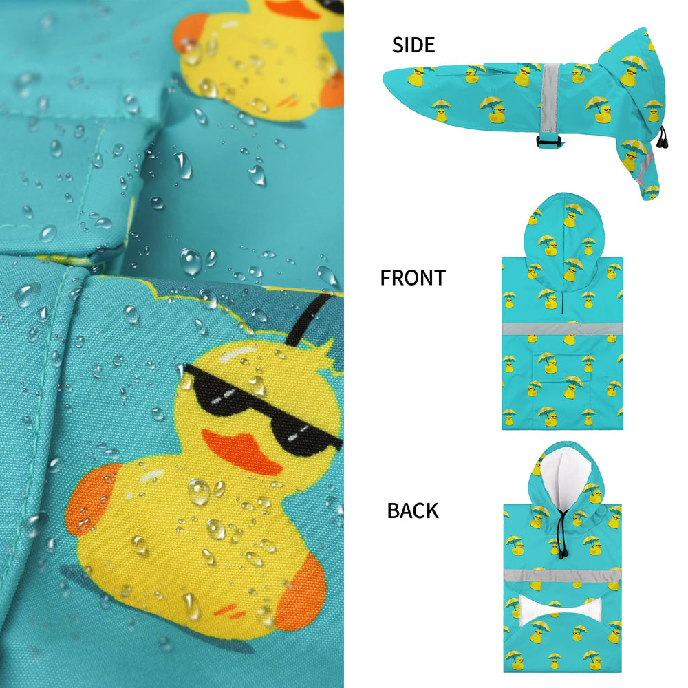 NACOCO dog raincoat close-up showing the yellow rubber duck print and sunglass-wearing duck.