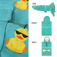 NACOCO dog raincoat close-up showing the yellow rubber duck print and sunglass-wearing duck.