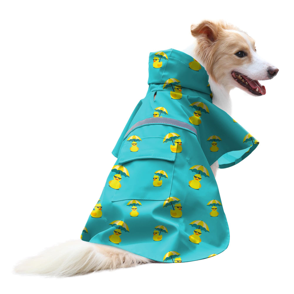NACOCO dog raincoat shown from the front in Lake Green with its hood and yellow duck design.