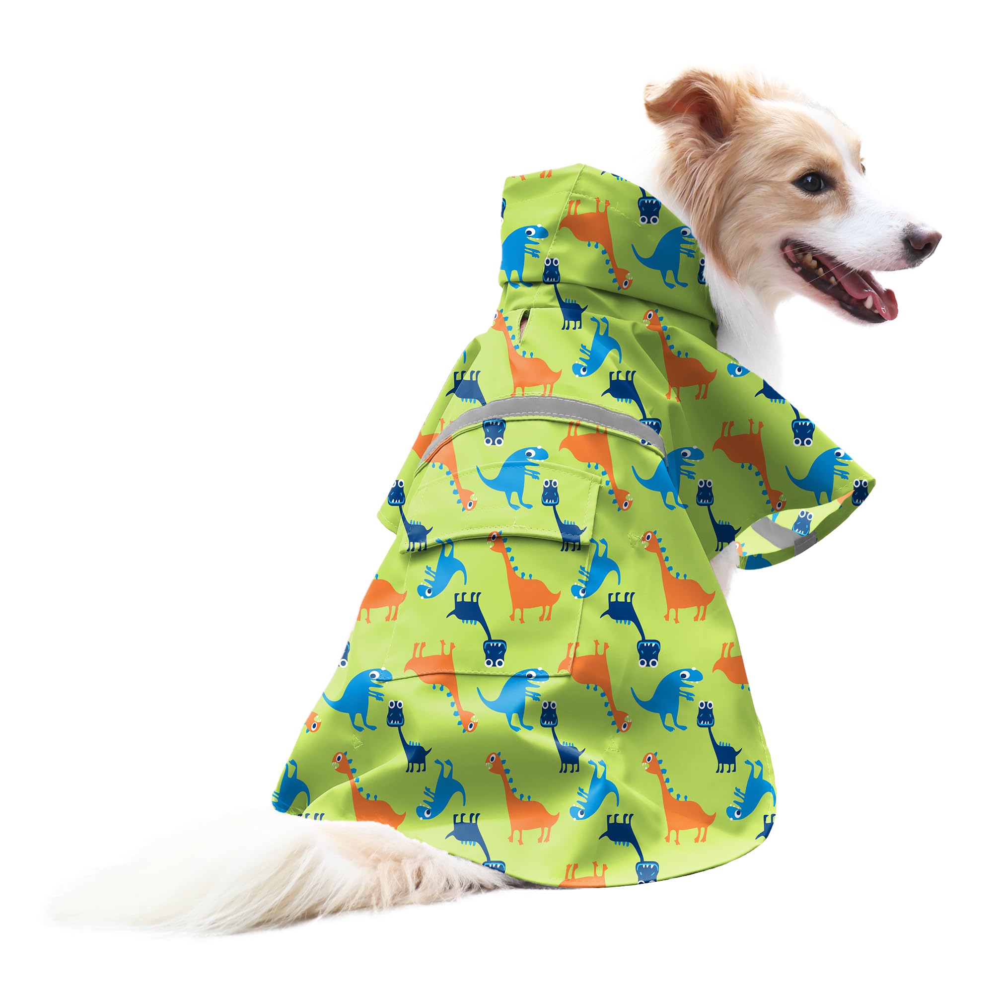 NACOCO dog raincoat shown from the front in its green dinosaur design.