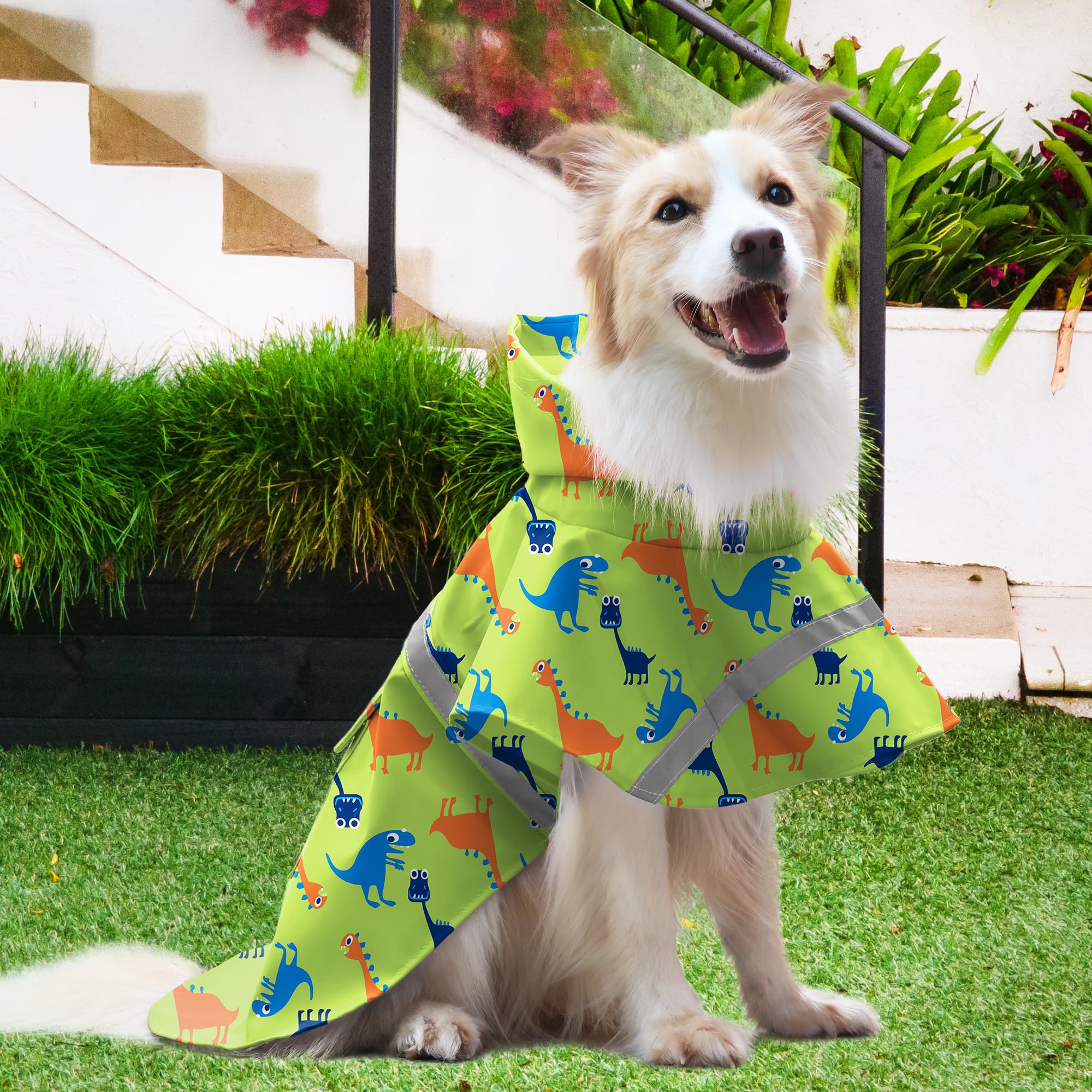 NACOCO dog raincoat shown as a hooded poncho on a dog outdoors.